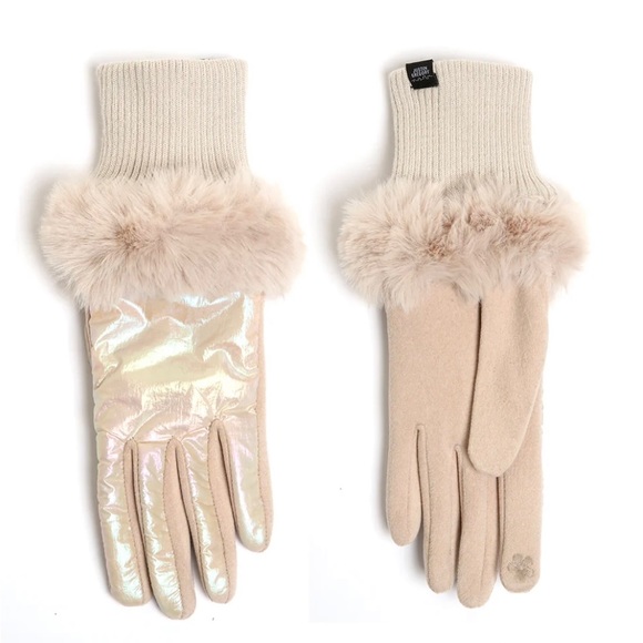 🩷LOVE~FAUX-FUR🩷Iridescent PEARLY Cream-Off White Stella Puffer Gloves🩷 - Picture 1 of 13